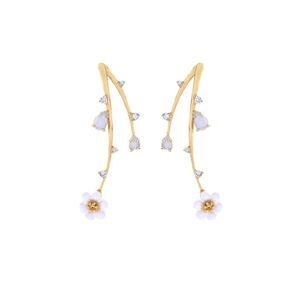 White Enamel Glaze Opalescence Crystal Floral Gold Drop Earrings